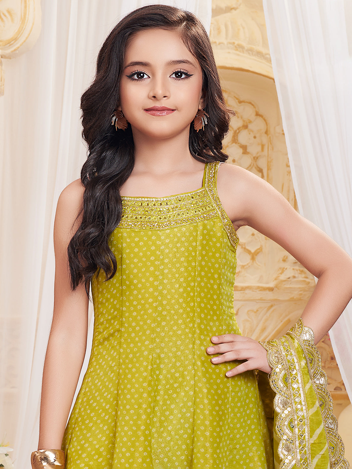 Mehendi green printed crepe silk anarkali palazzo suit for girls