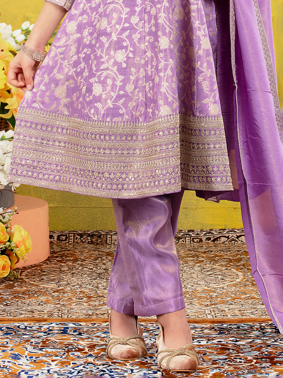 Lavender embroidered crepe silk anarkali pant suit for girls
