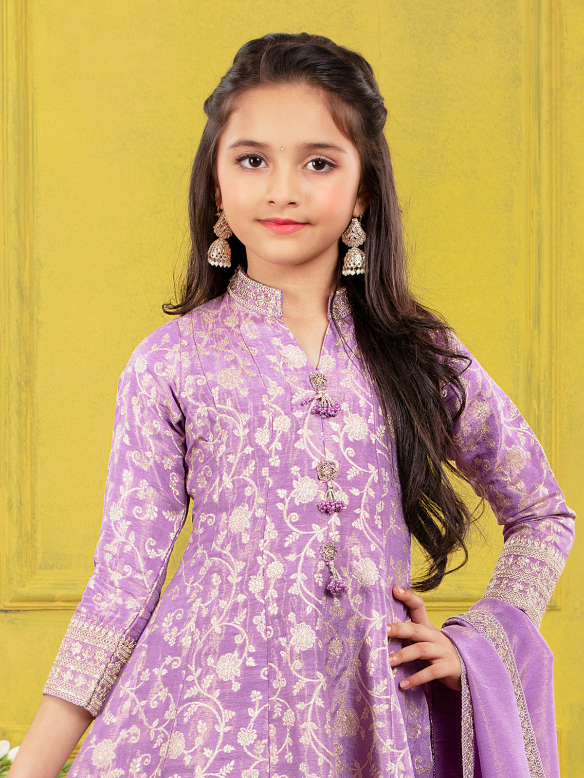 Lavender embroidered crepe silk anarkali pant suit for girls