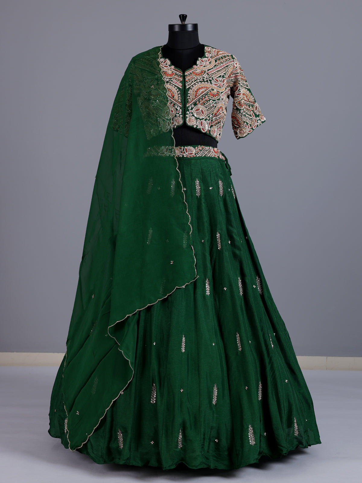 Bottle green embroidered crepe silk lehenga choli