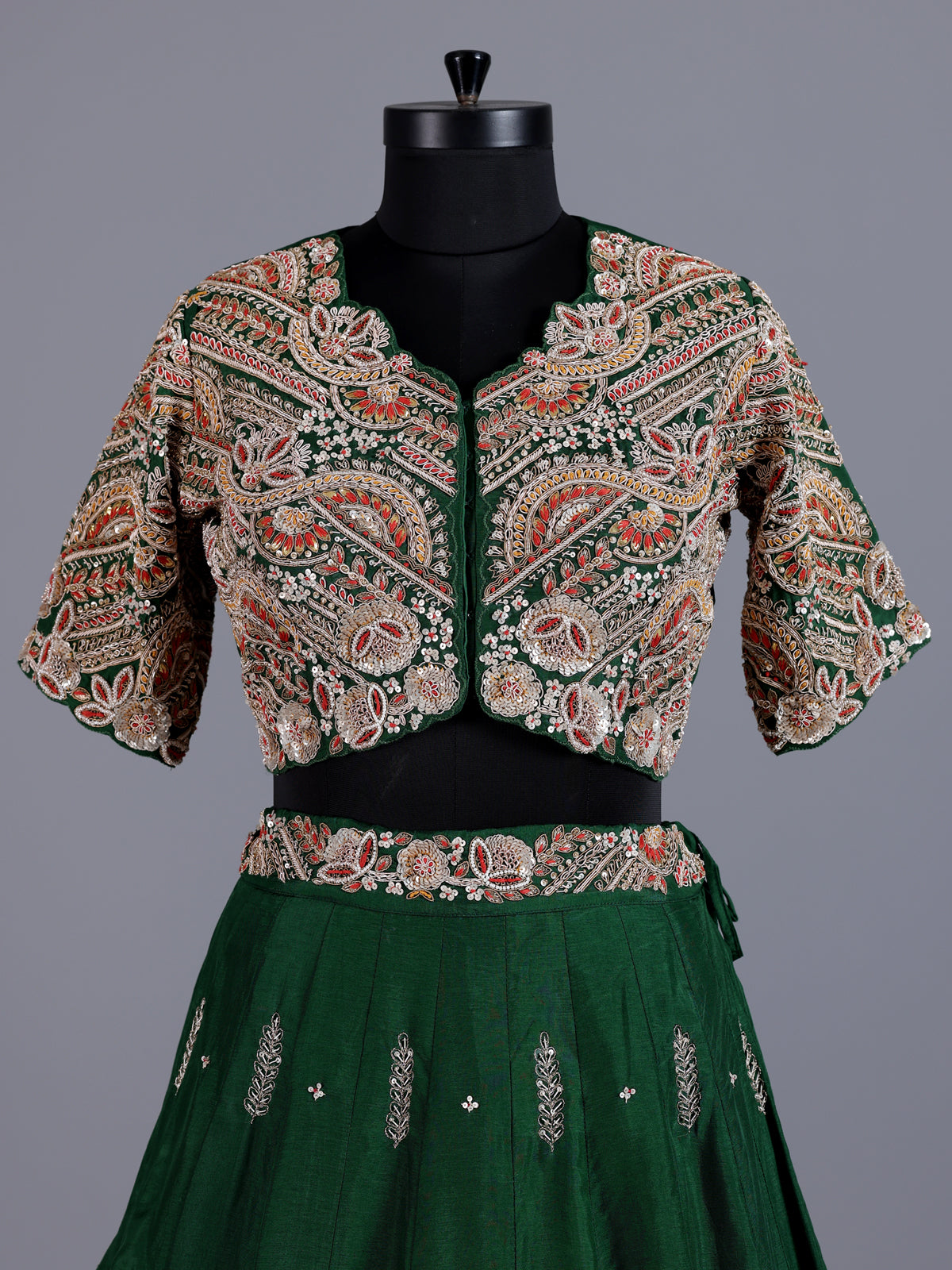 Bottle green embroidered crepe silk lehenga choli