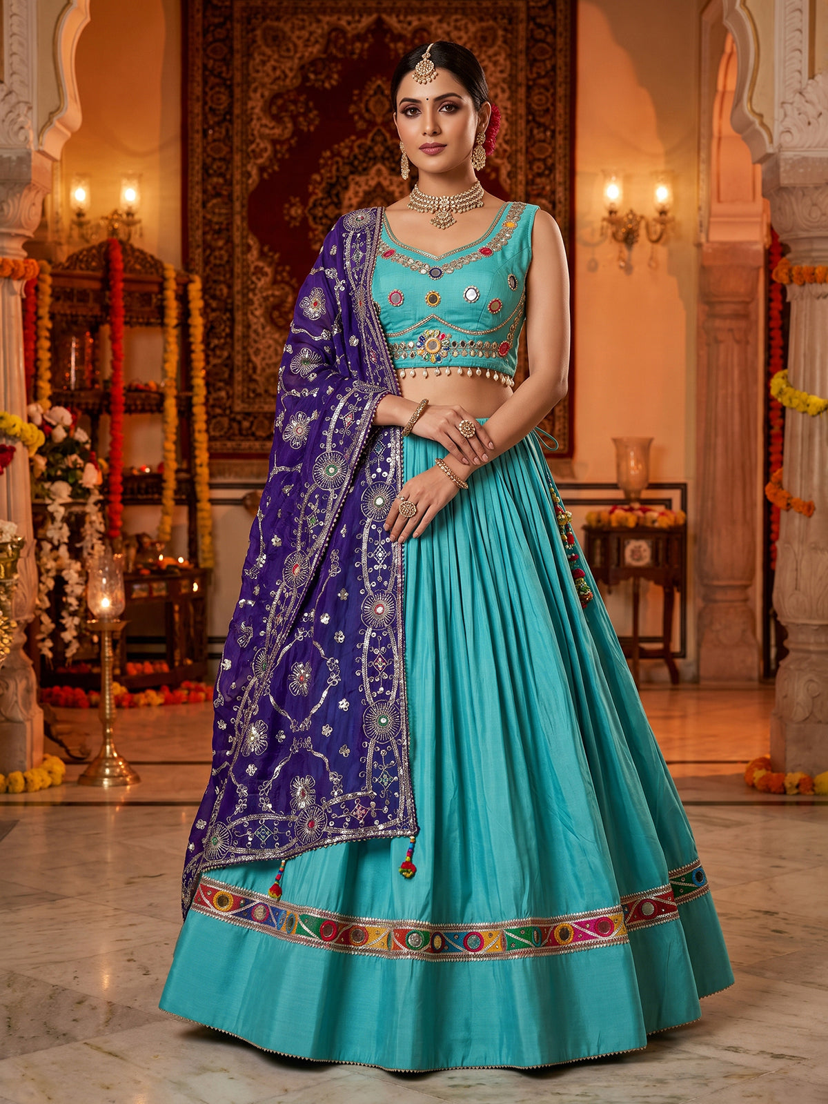 Sky blue navratri cotton silk lehenga choli with dupatta
