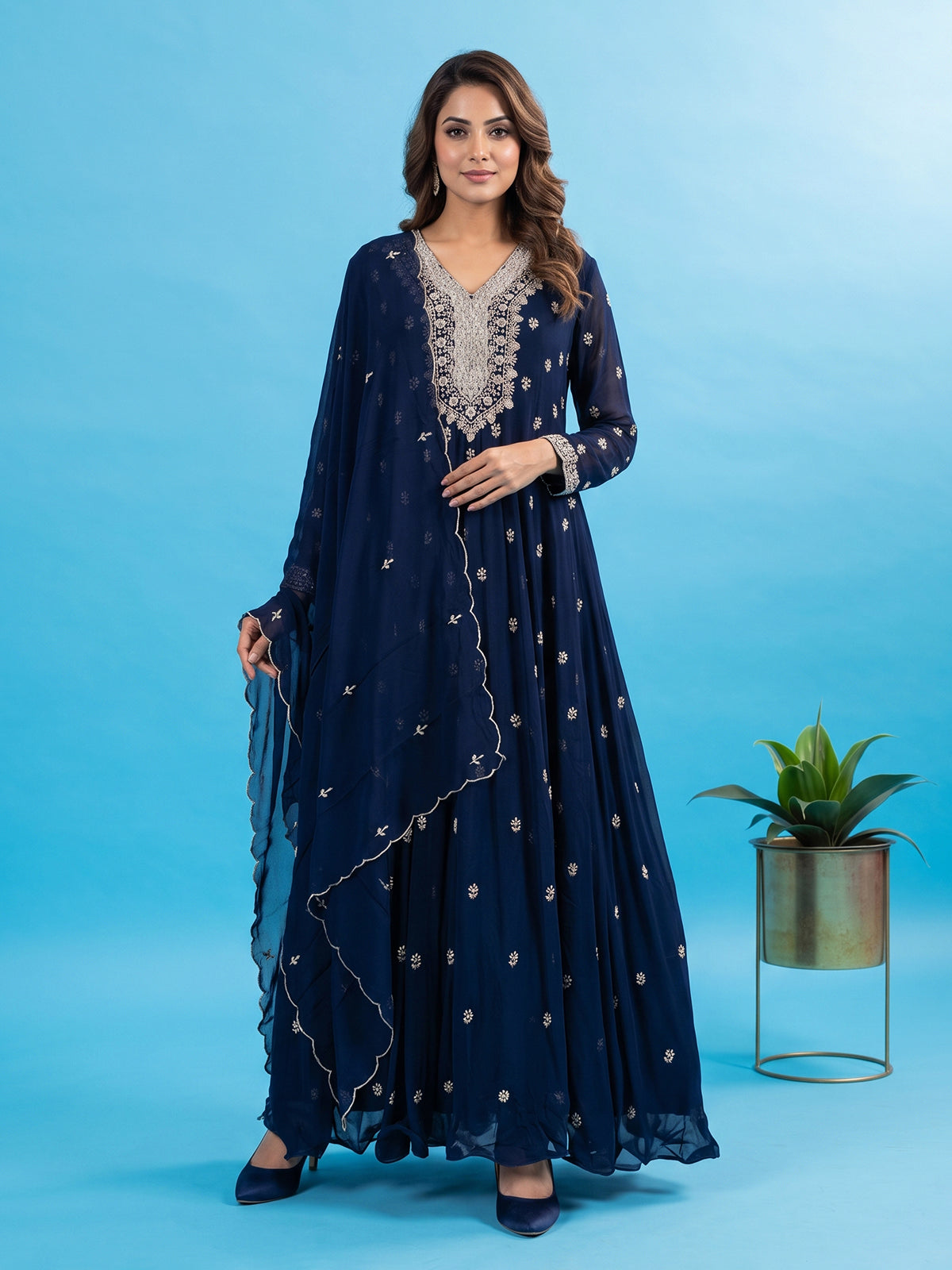Navy blue embellished crepe silk floor length salwar suit
