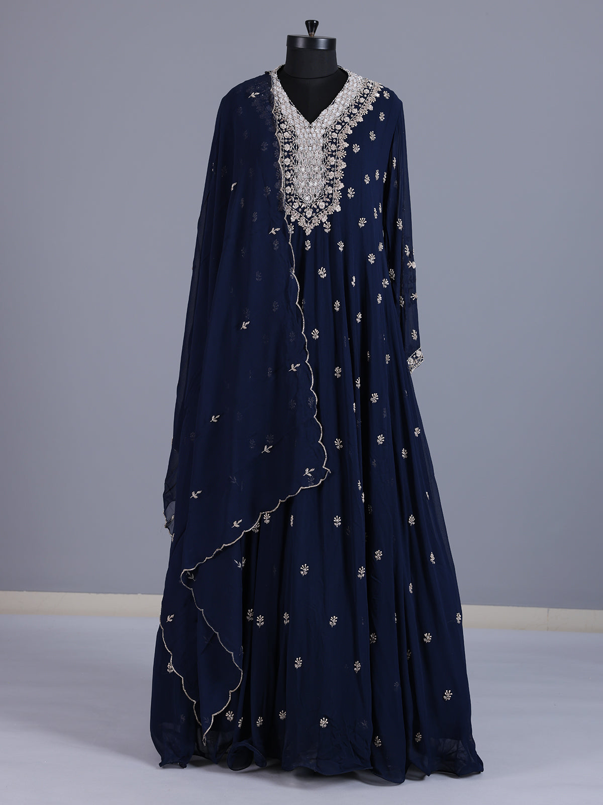 Navy blue embellished crepe silk floor length salwar suit