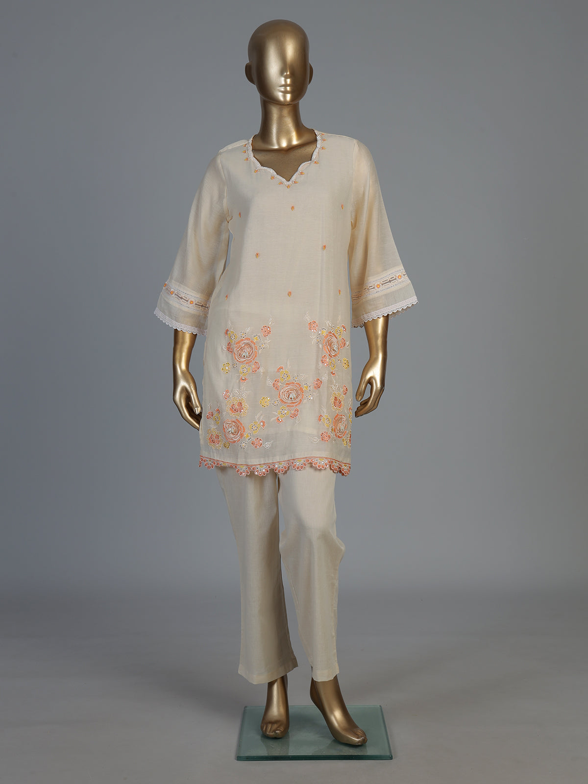 Beige cotton silk co-ord set with elegant embroidery