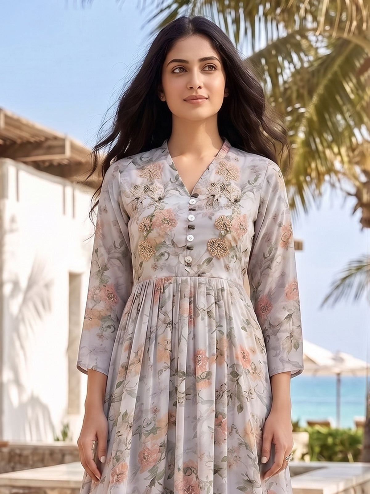 Grey floral printed organza silk midi dress elegance