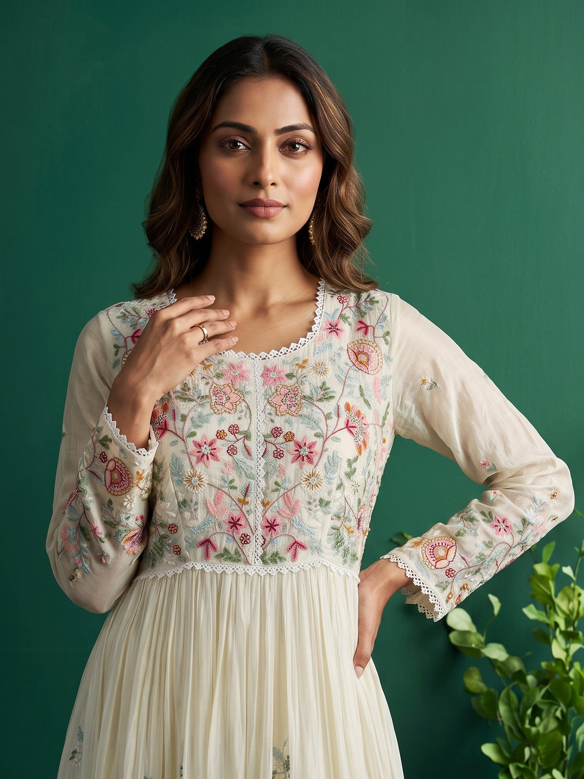 White shimmer silk kurti set with graceful floor length flair