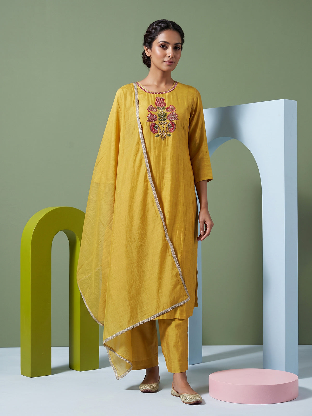 Mustard festive kurti set with timeless ethnic detailing