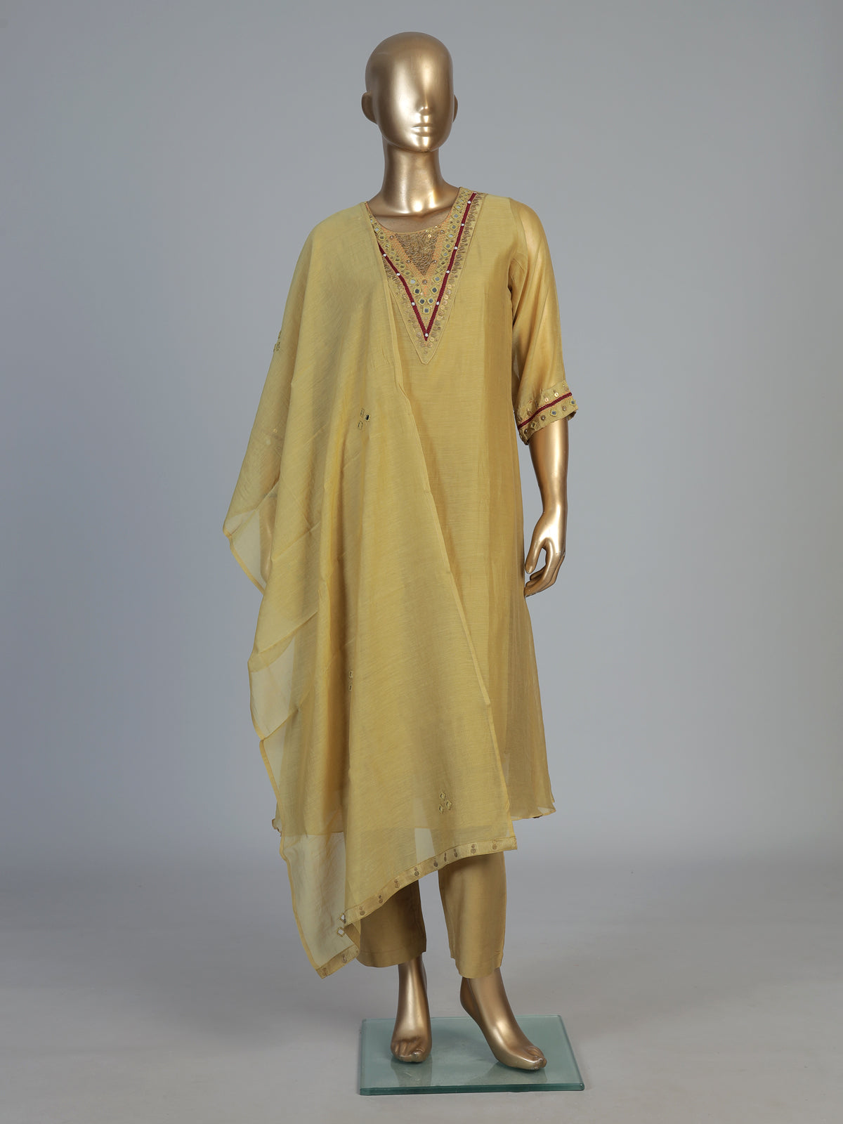 Mustard cotton silk kurti set with artisan embroidery