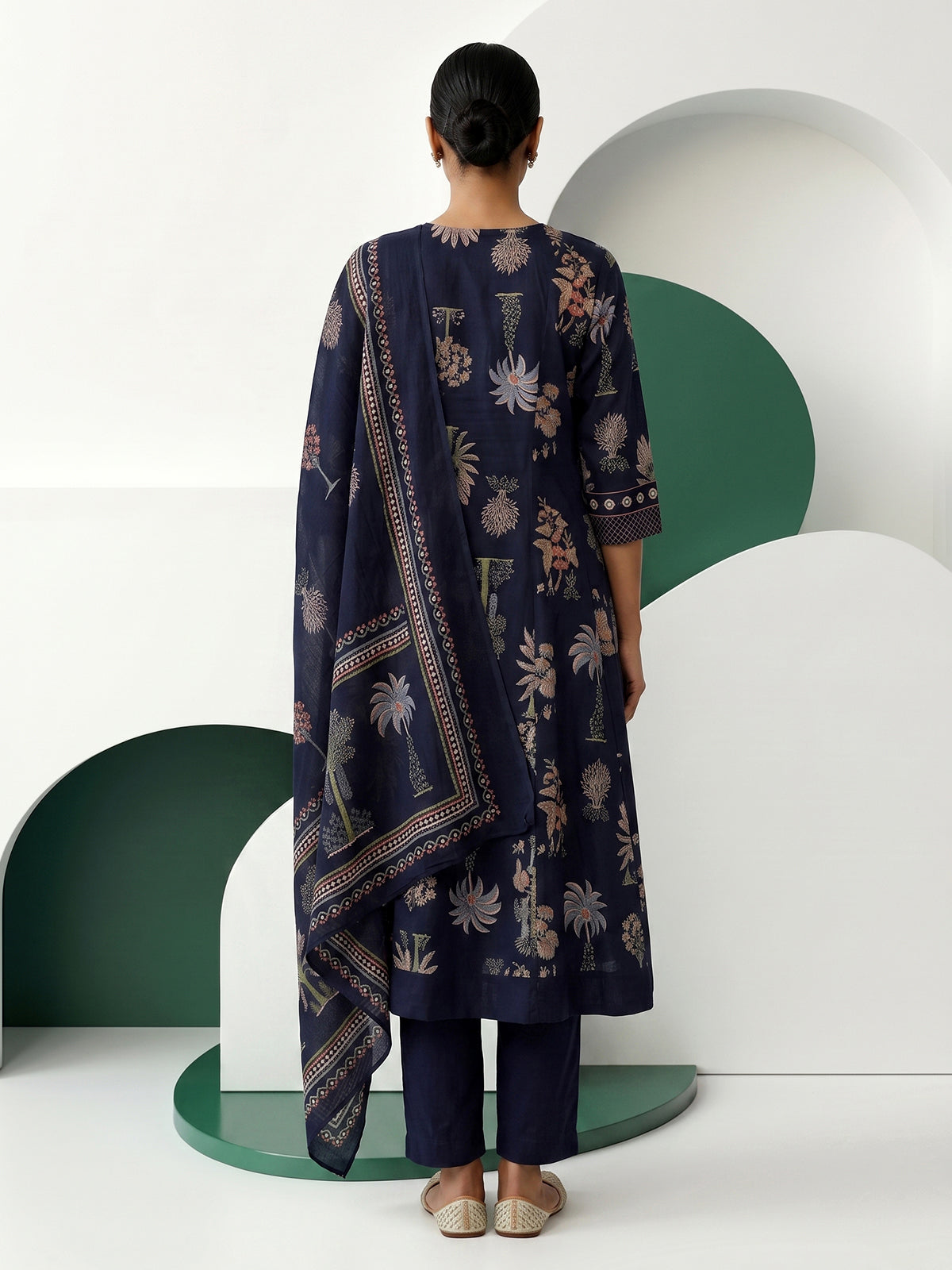 Blue cotton silk kurti set with heritage block prints