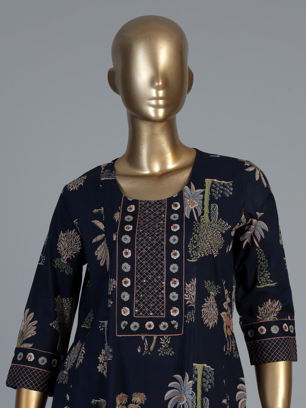 Blue cotton silk kurti set with heritage block prints