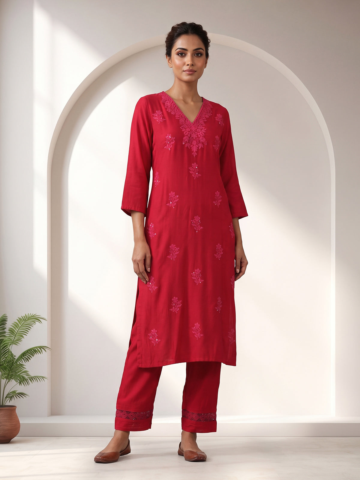 Rani pink crepe cotton silk kurti set for festive occasions