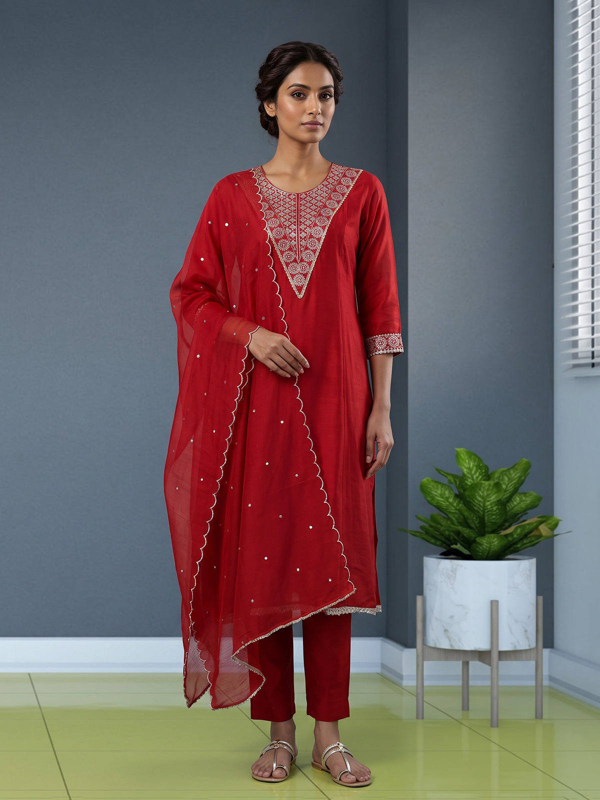 Red cotton silk kurti set with handcrafted festive elegance