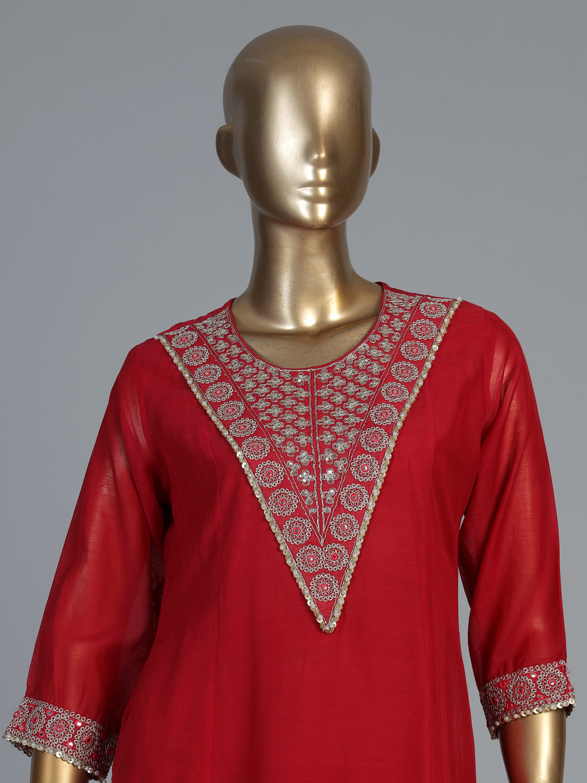 Red cotton silk kurti set with handcrafted festive elegance