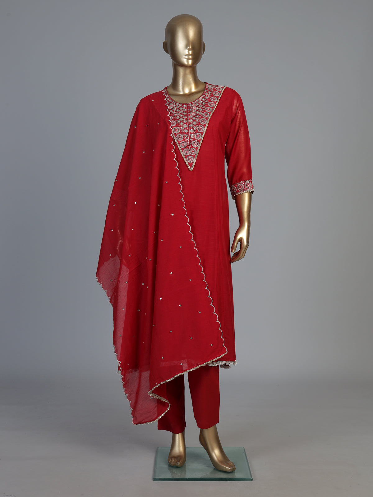 Red cotton silk kurti set with handcrafted festive elegance