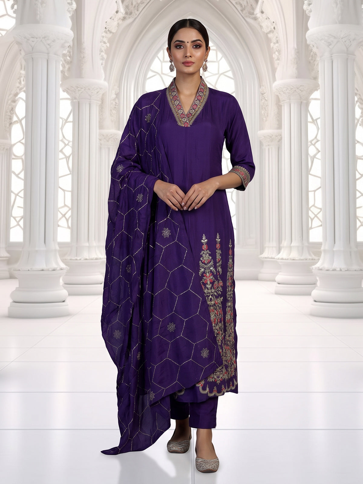 Purple anarkali kurti set with regal festive elegance