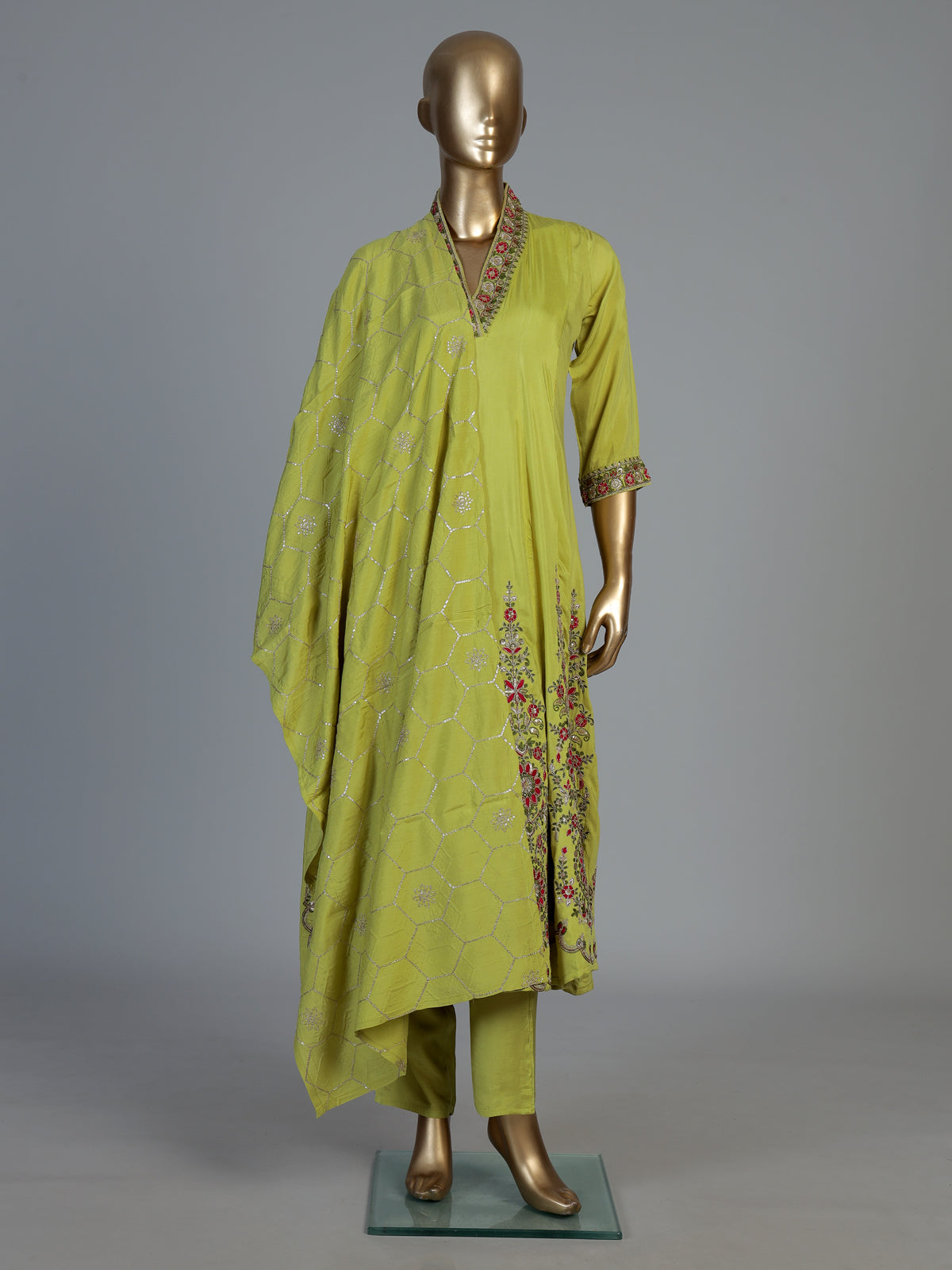Green crepe silk kurti set with heritage floral detailing