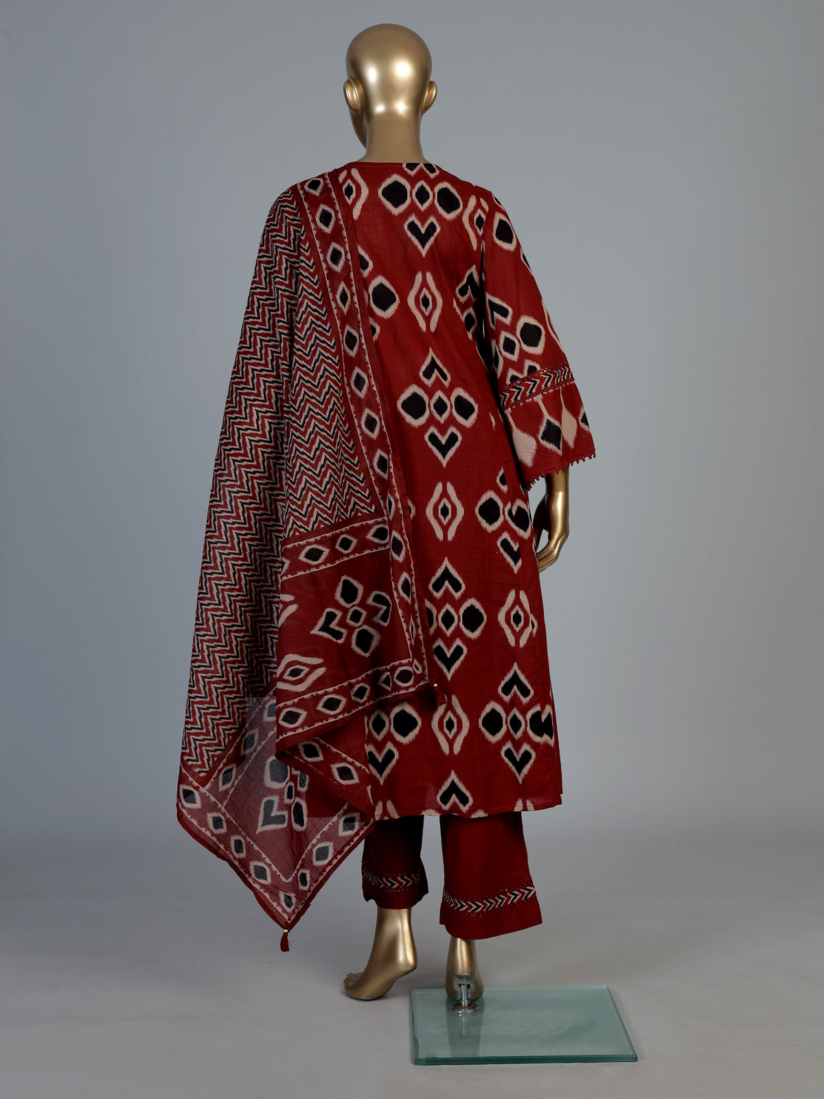 Red printed anarkali kurti set with ikkat inspired artistry