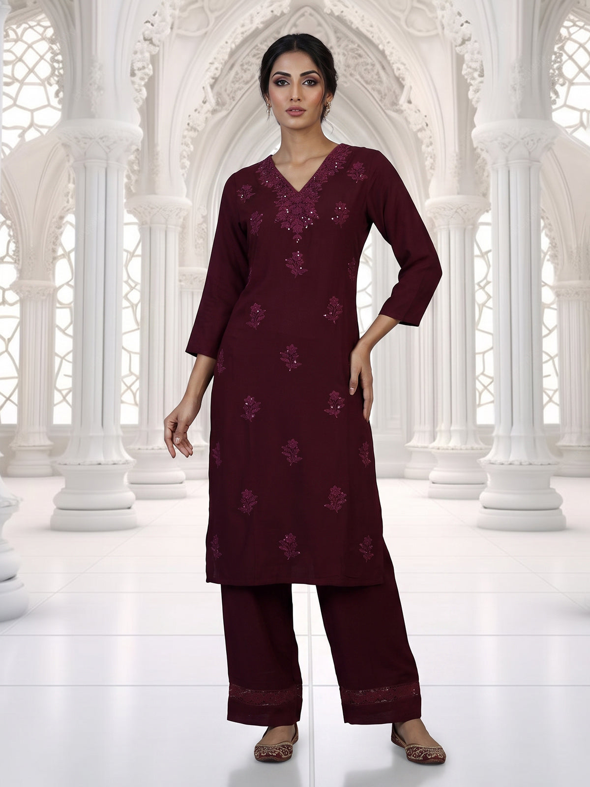 Wine embroidered kurti set with timeless festive appeal