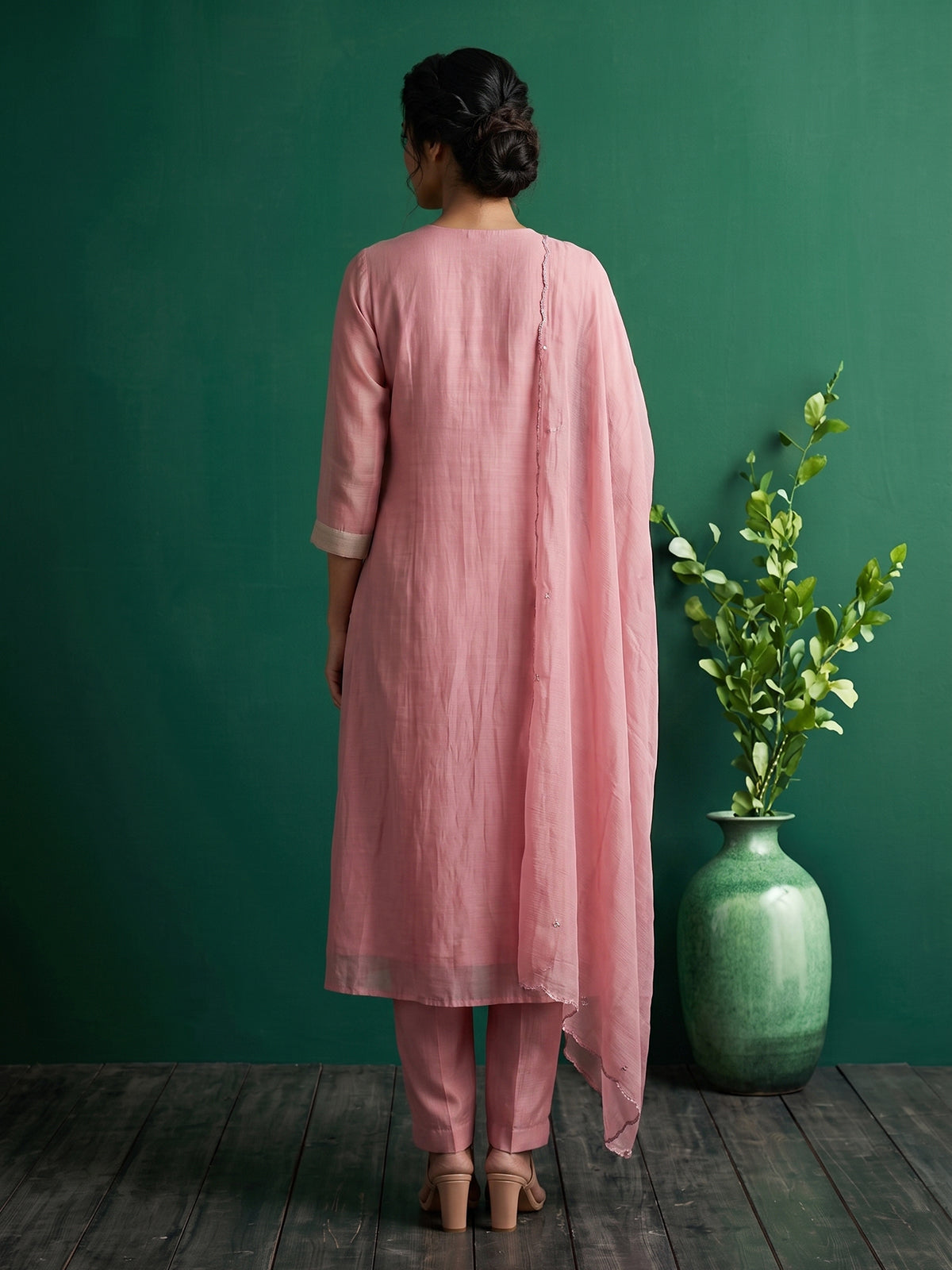 Pink crepe silk kurti set with luxurious festive sparkle