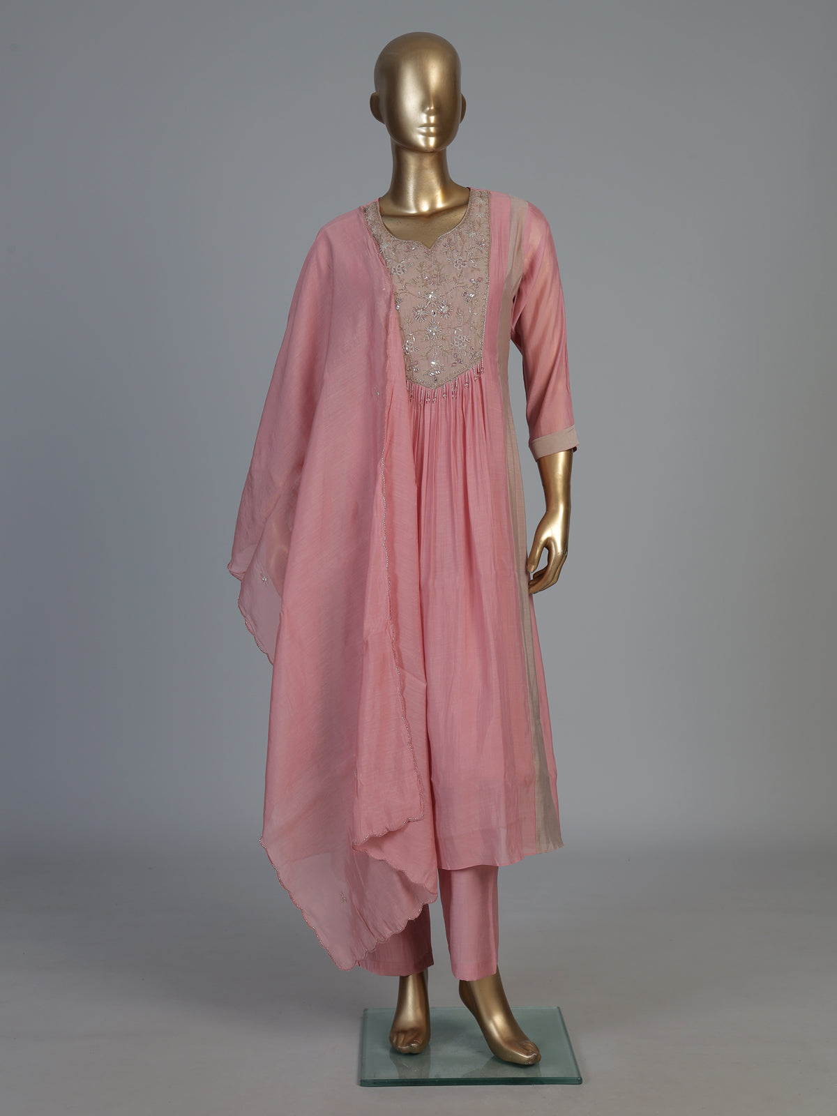 Pink crepe silk kurti set with luxurious festive sparkle