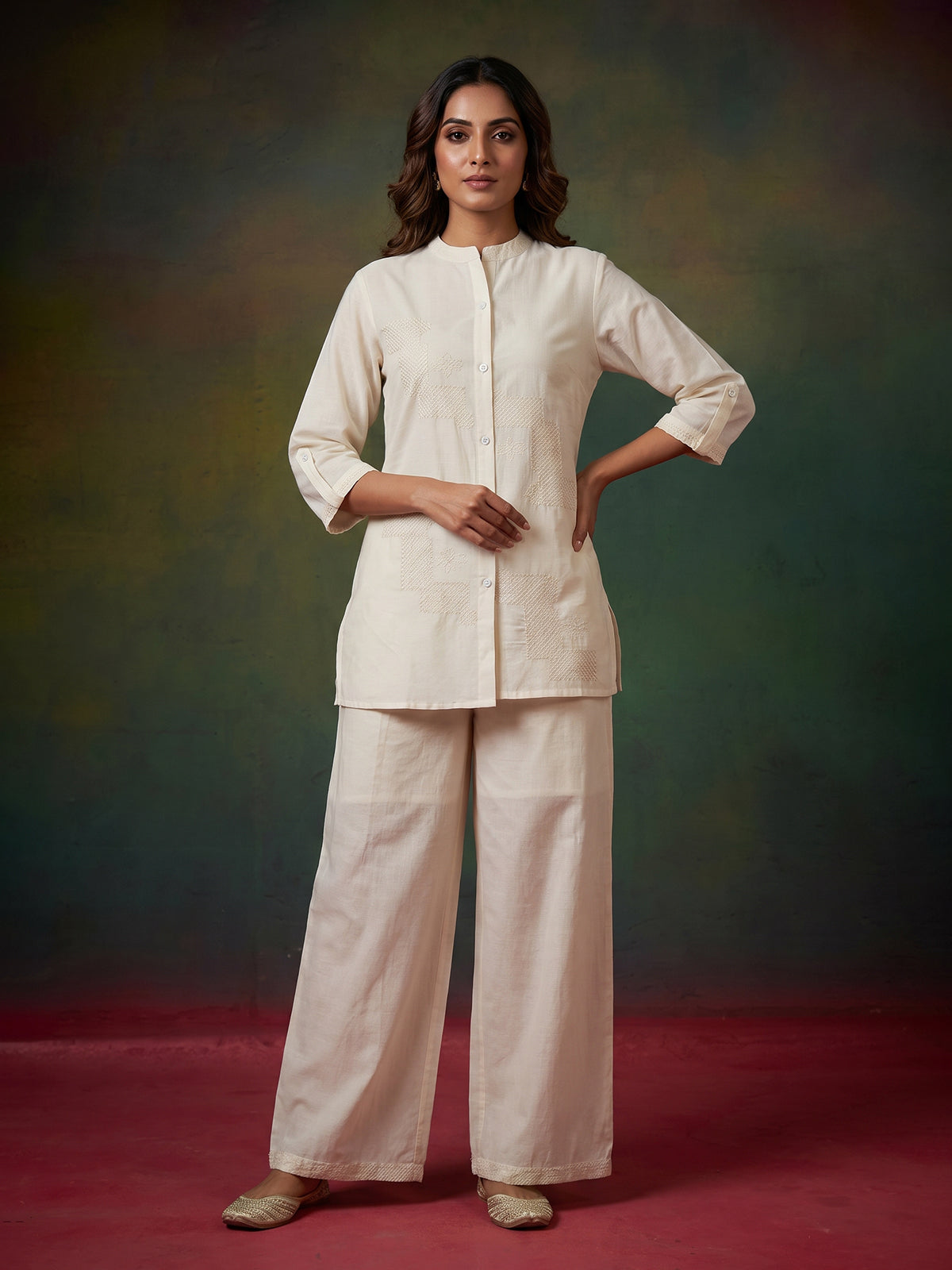 White linen thread work co ord set with elegant palazzo pants