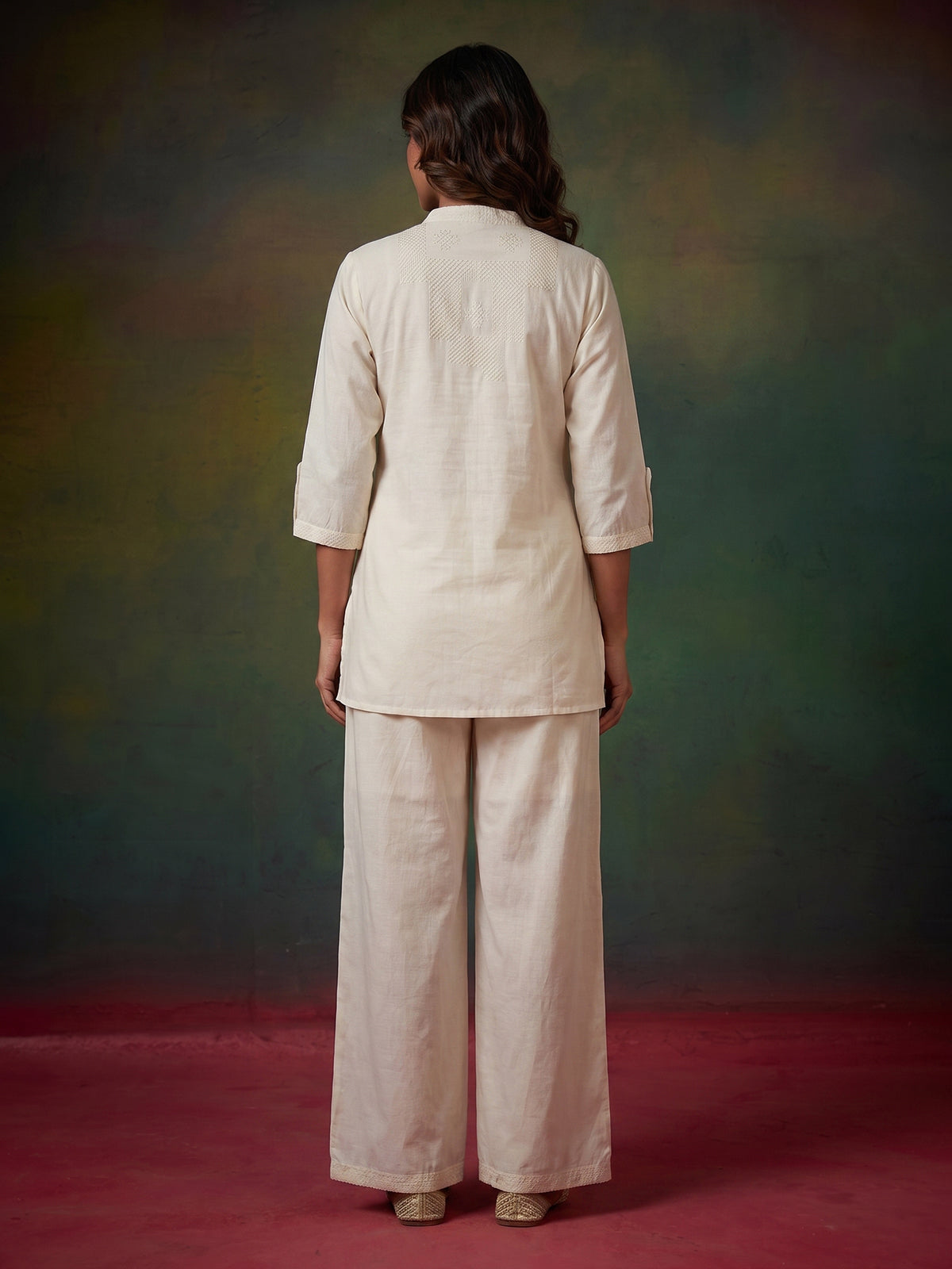 White linen thread work co ord set with elegant palazzo pants