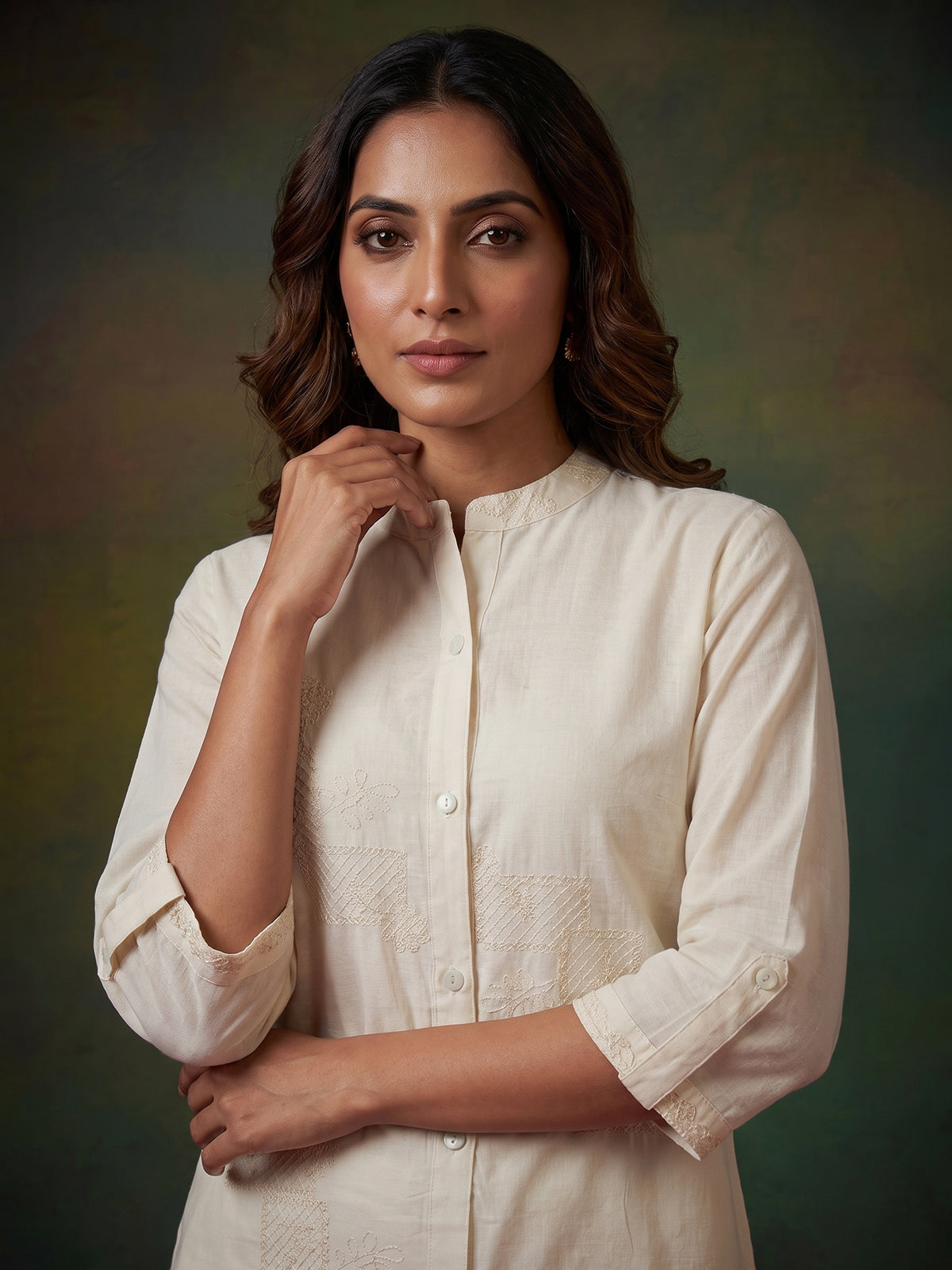 White linen thread work co ord set with elegant palazzo pants