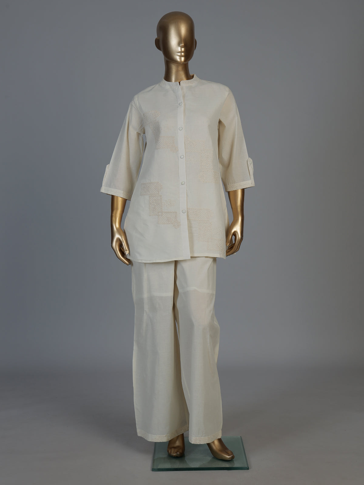 White linen thread work co ord set with elegant palazzo pants