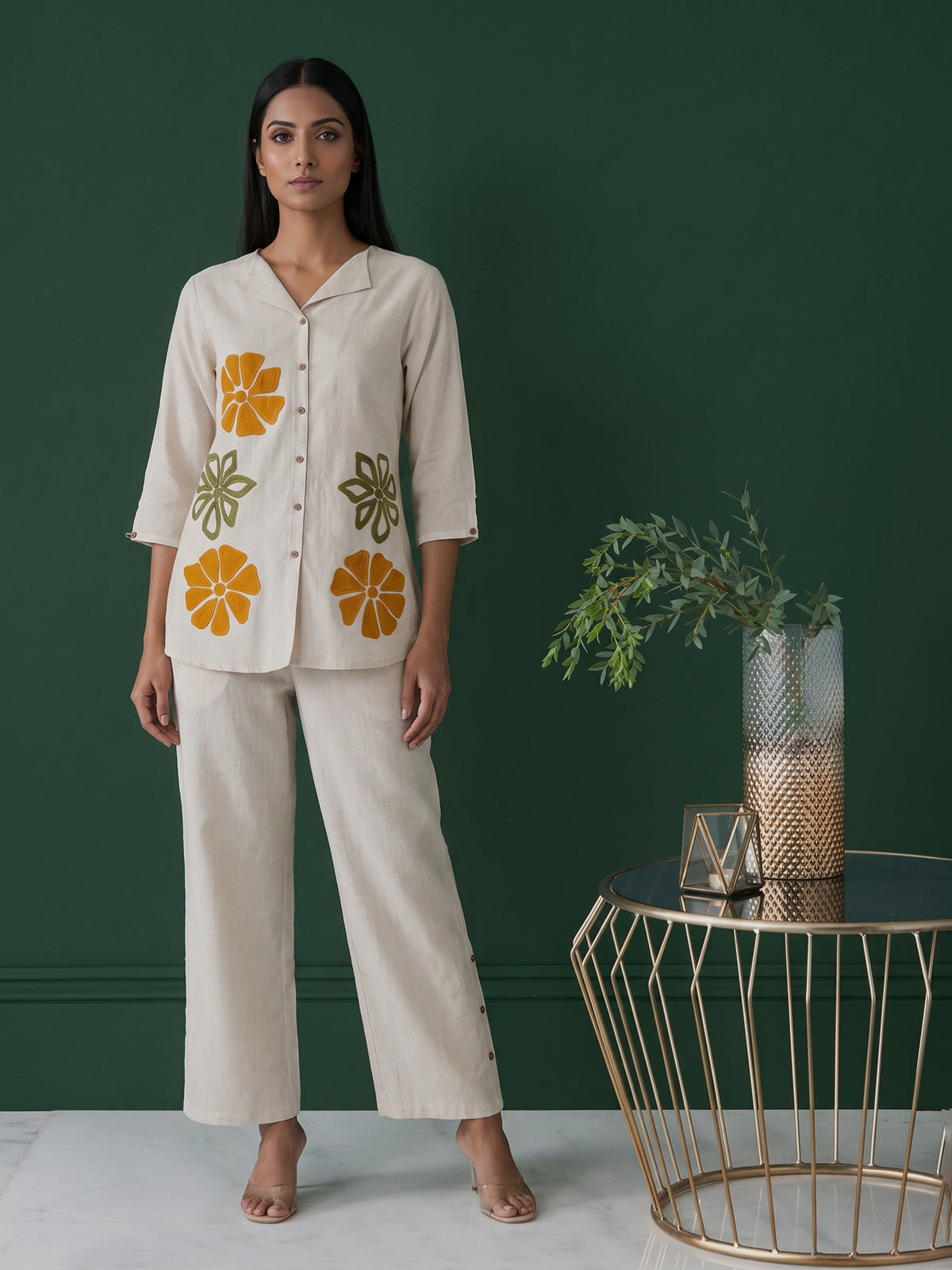 White cotton linen thread work co ord set with palazzo pants