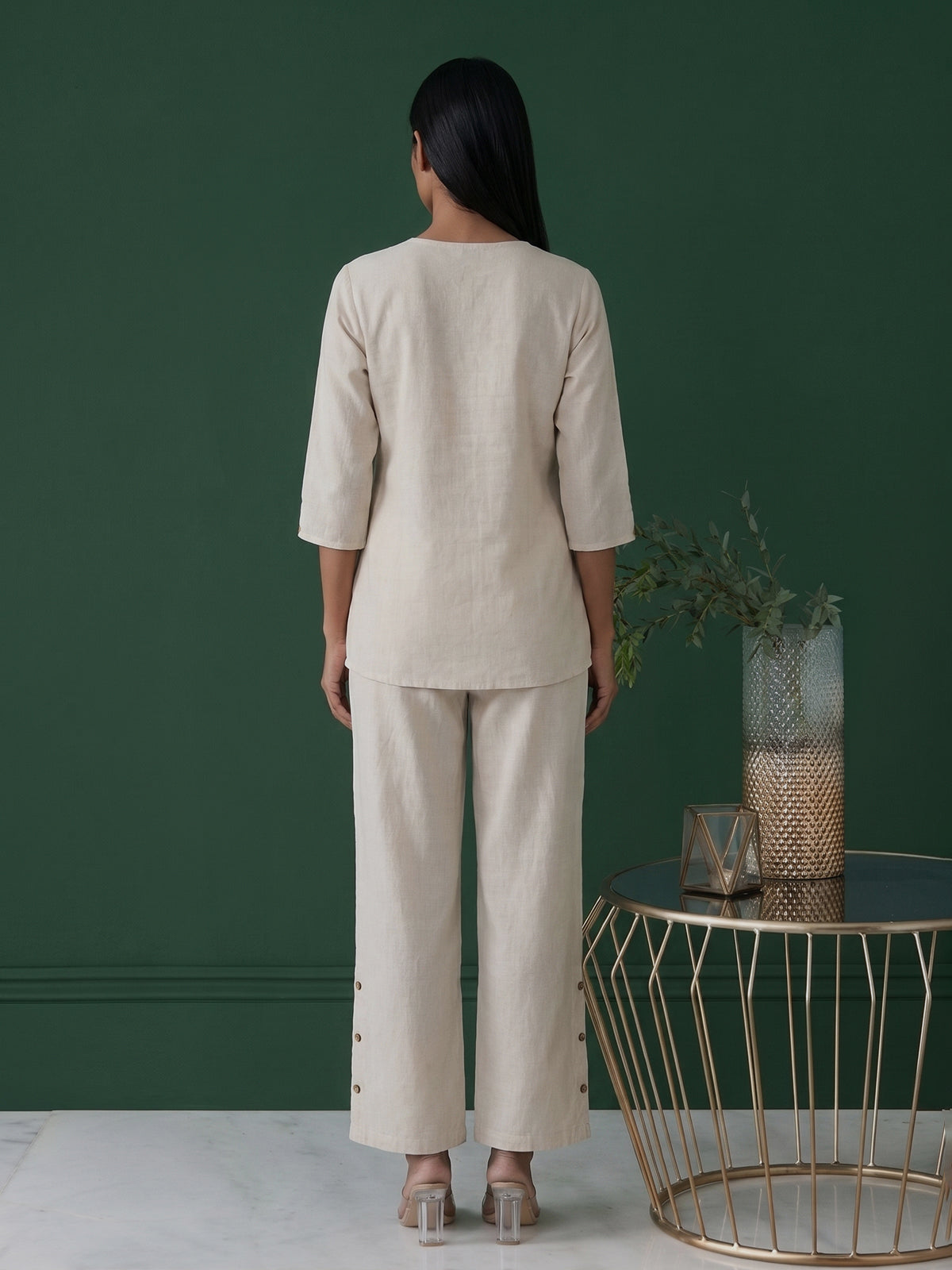 White cotton linen thread work co ord set with palazzo pants