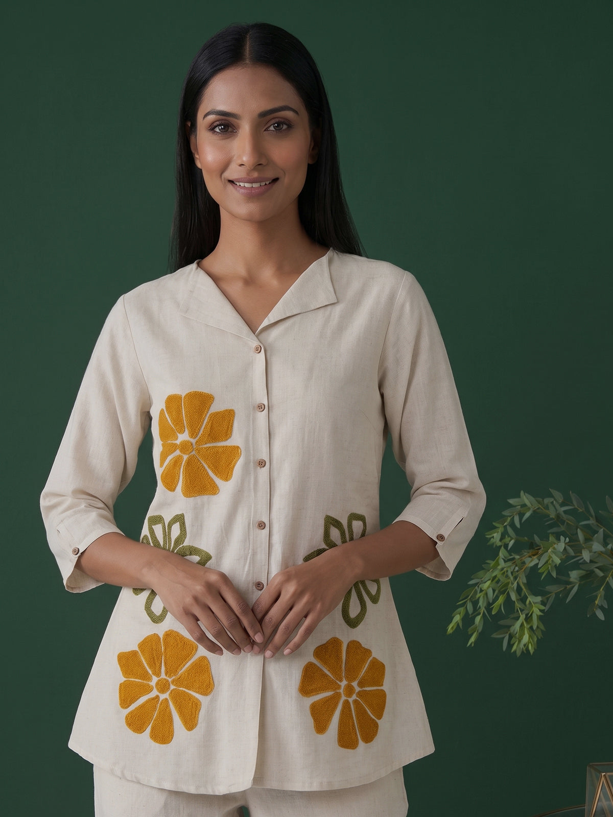 White cotton linen thread work co ord set with palazzo pants