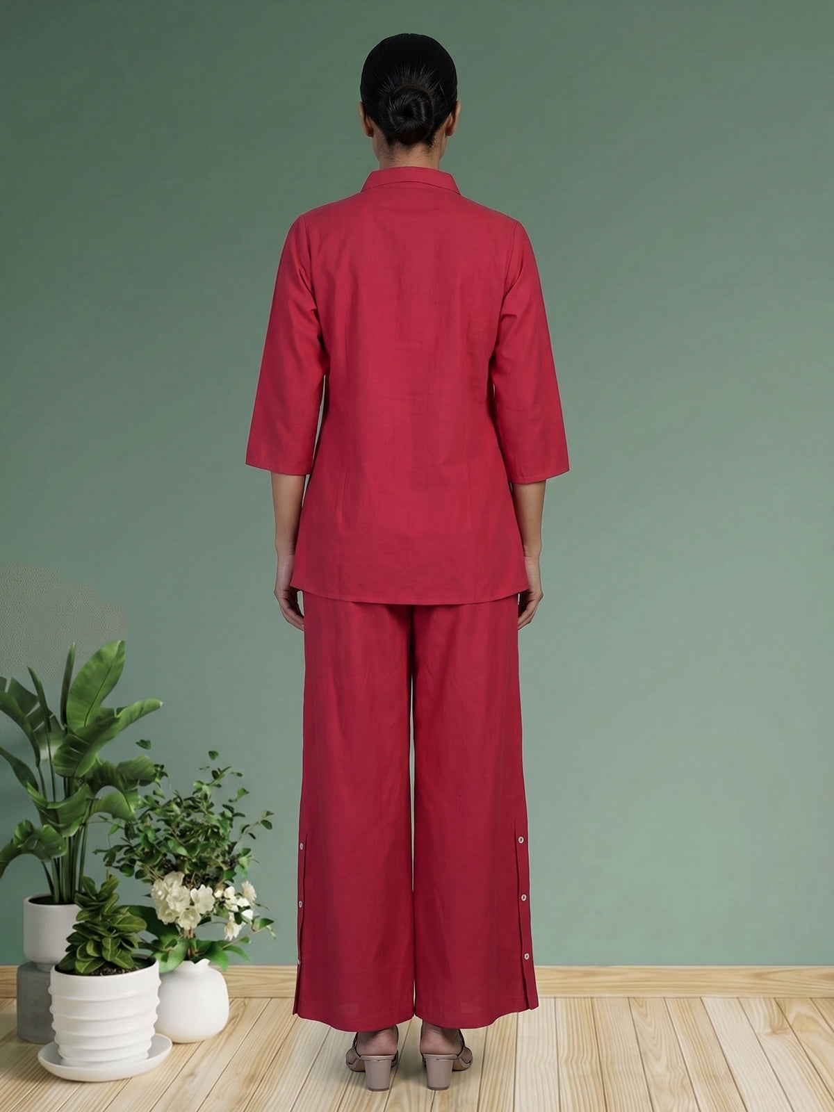 Reddish pink cotton silk thread work co ord set with palazzo