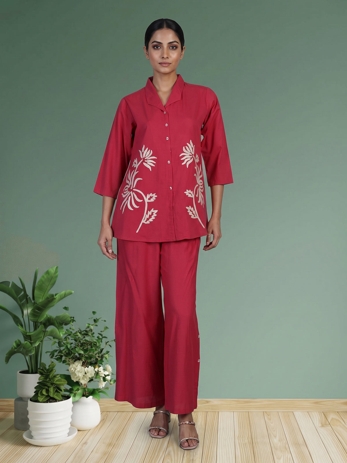 Reddish pink cotton silk thread work co ord set with palazzo