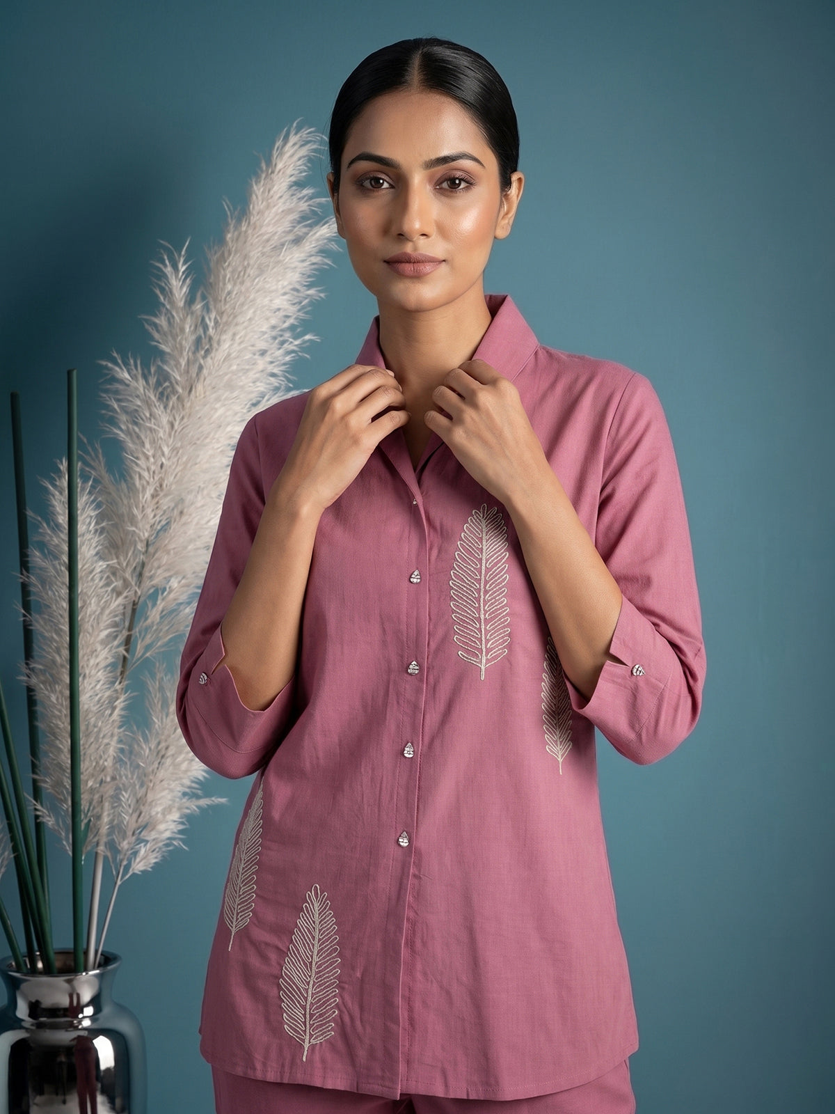 Pink cotton thread work co ord set with stylish pants
