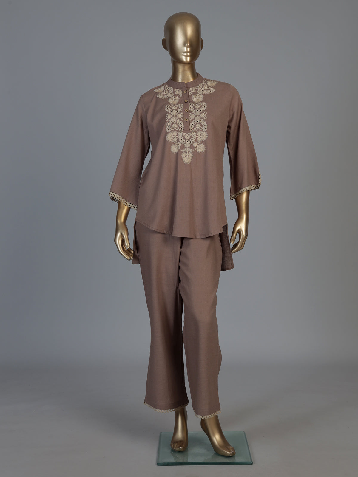 Light brown cotton linen embroidered co ord set with elegant pants
