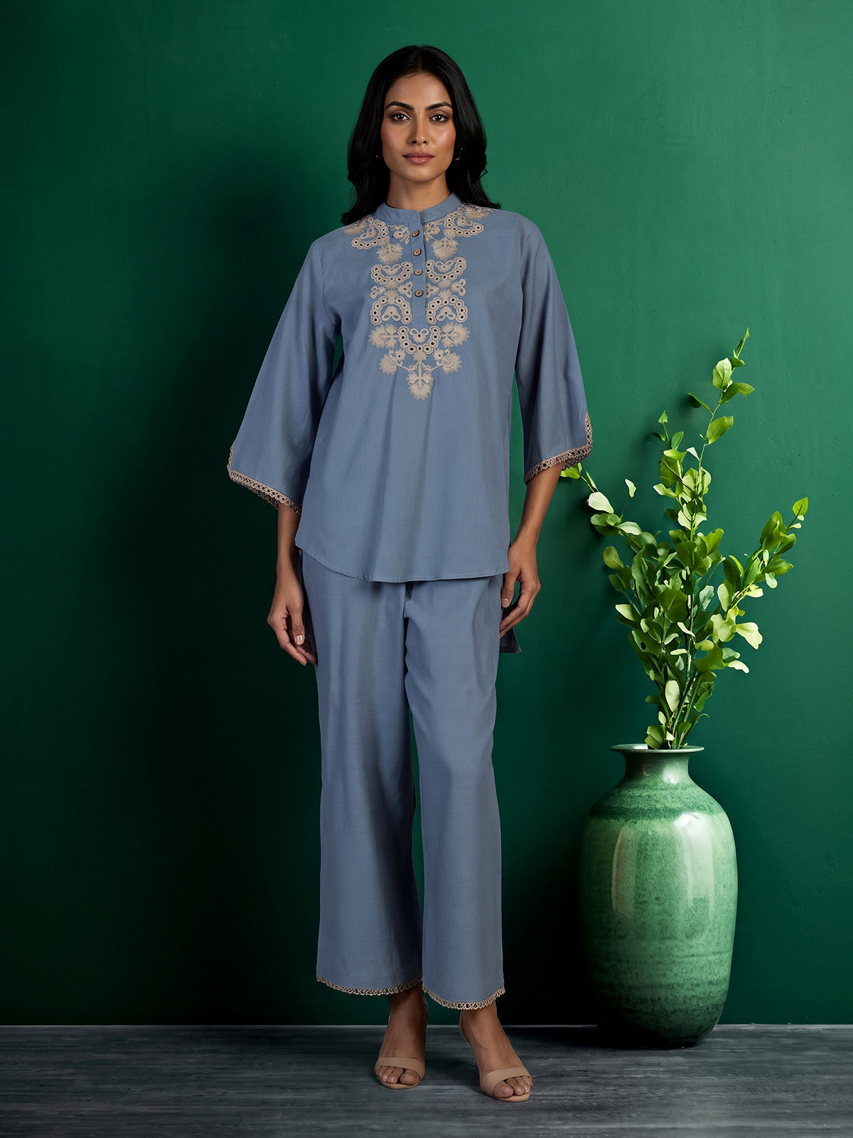 Stone blue cotton linen embroidered co ord set for festive occasions
