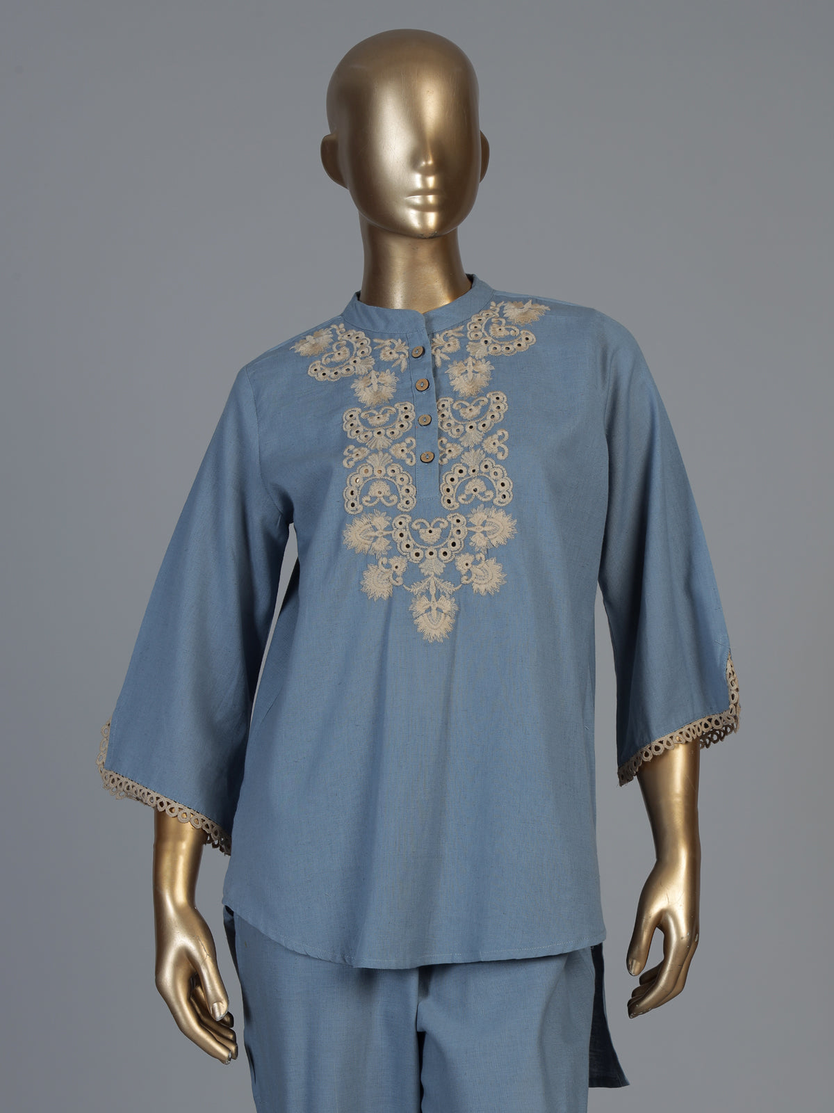 Stone blue cotton linen embroidered co ord set for festive occasions