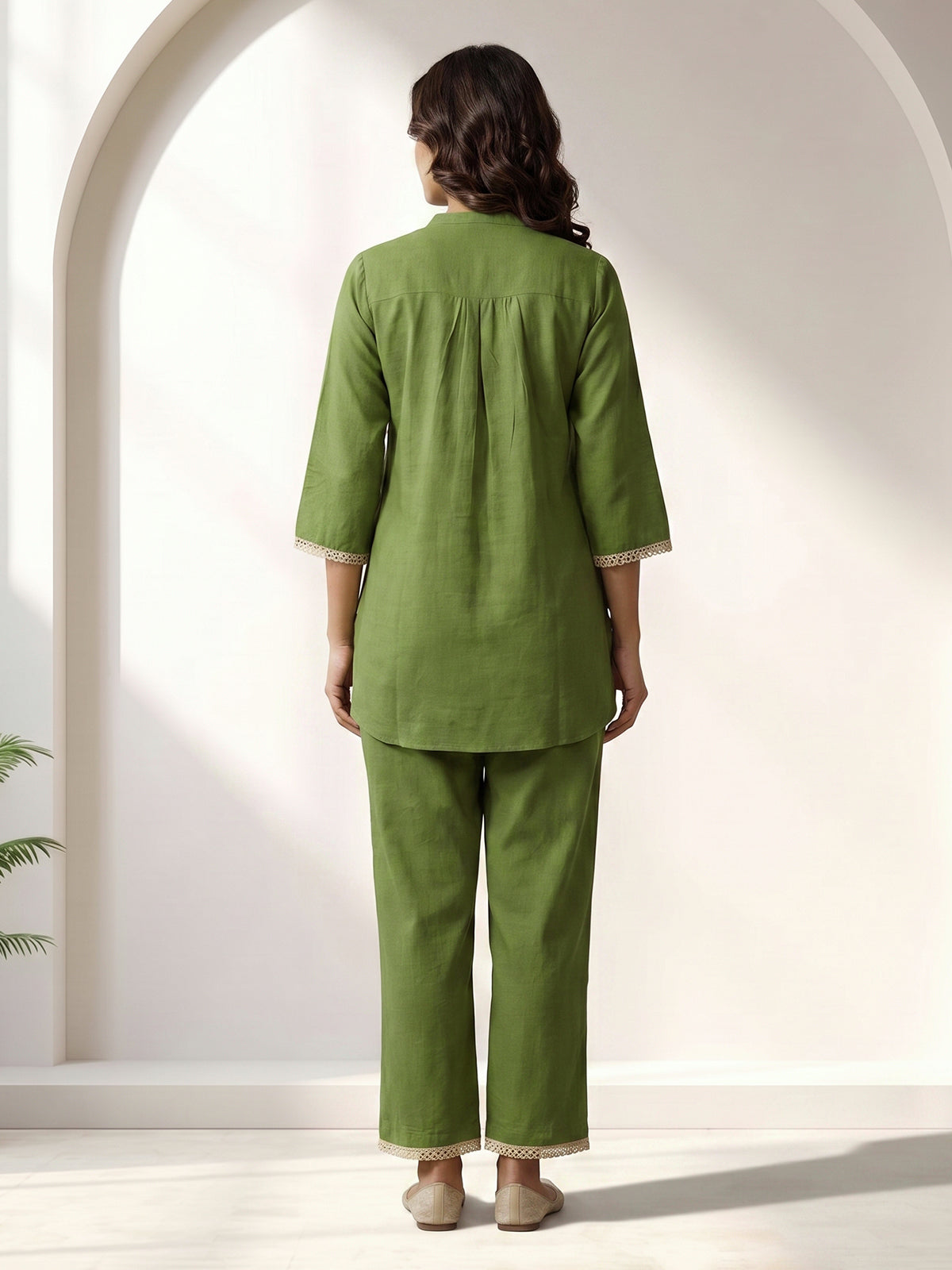 Green cotton linen embroidered co ord set with stylish pants