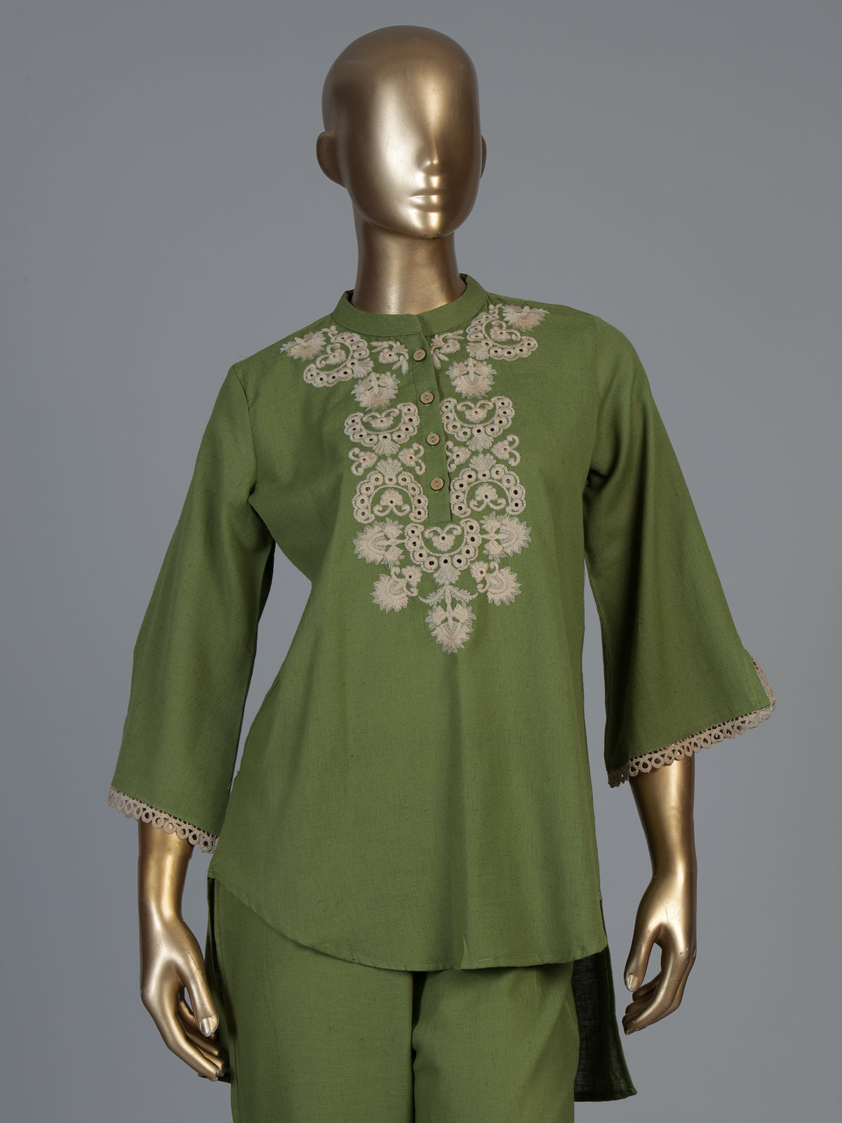 Green cotton linen embroidered co ord set with stylish pants