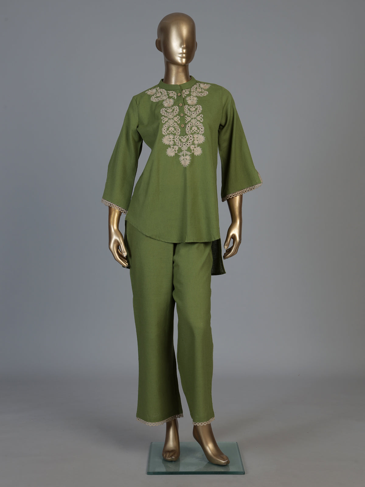 Green cotton linen embroidered co ord set with stylish pants