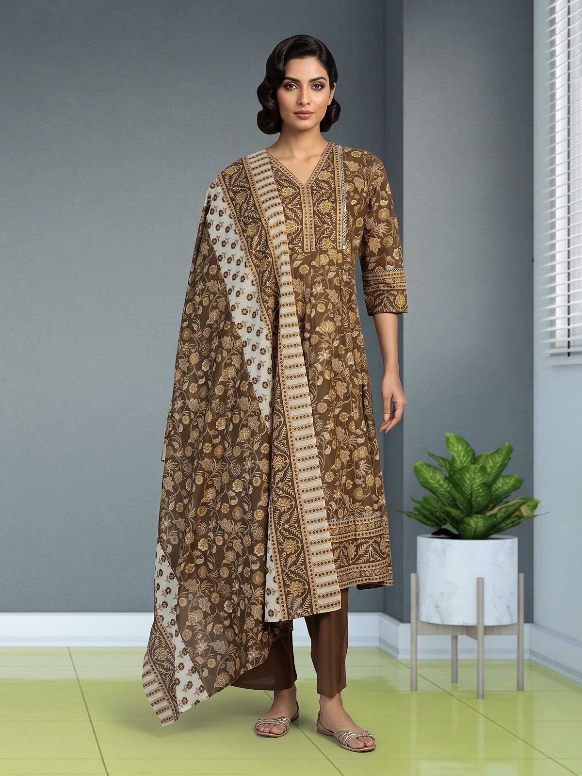 Dusty brown cotton silk anarkali kurti set with printed dupatta