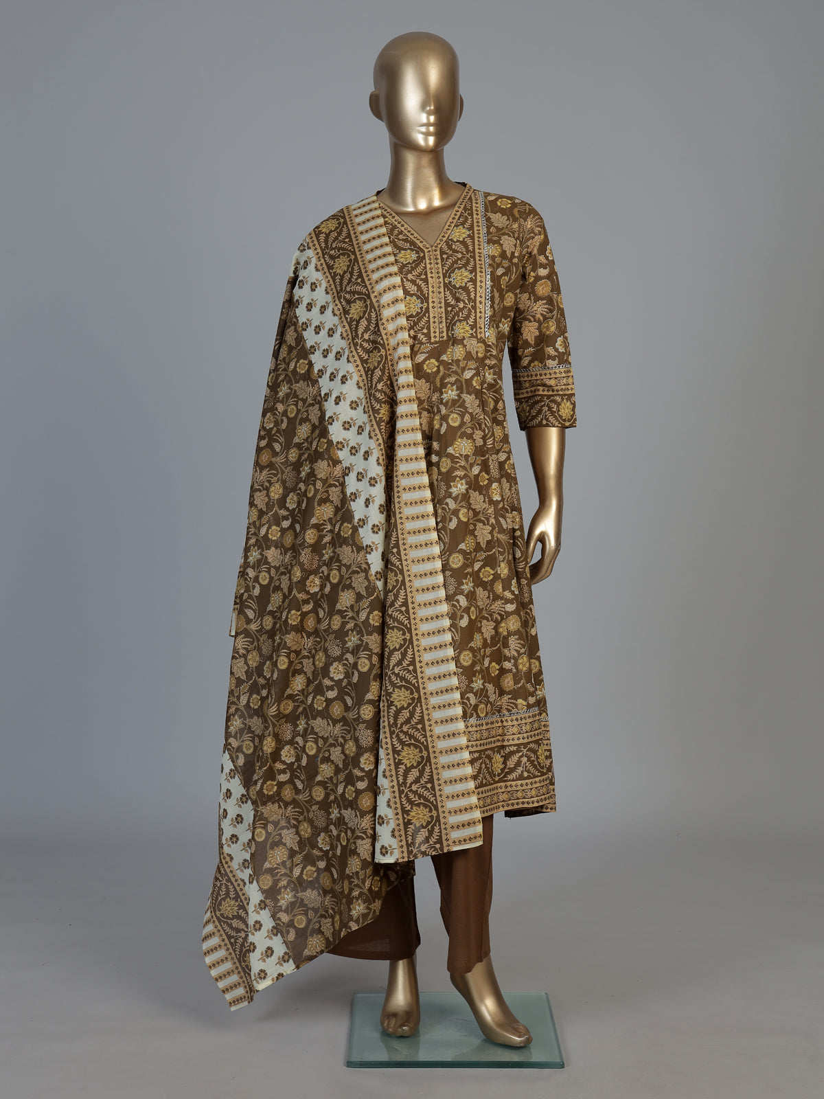 Dusty brown cotton silk anarkali kurti set with printed dupatta
