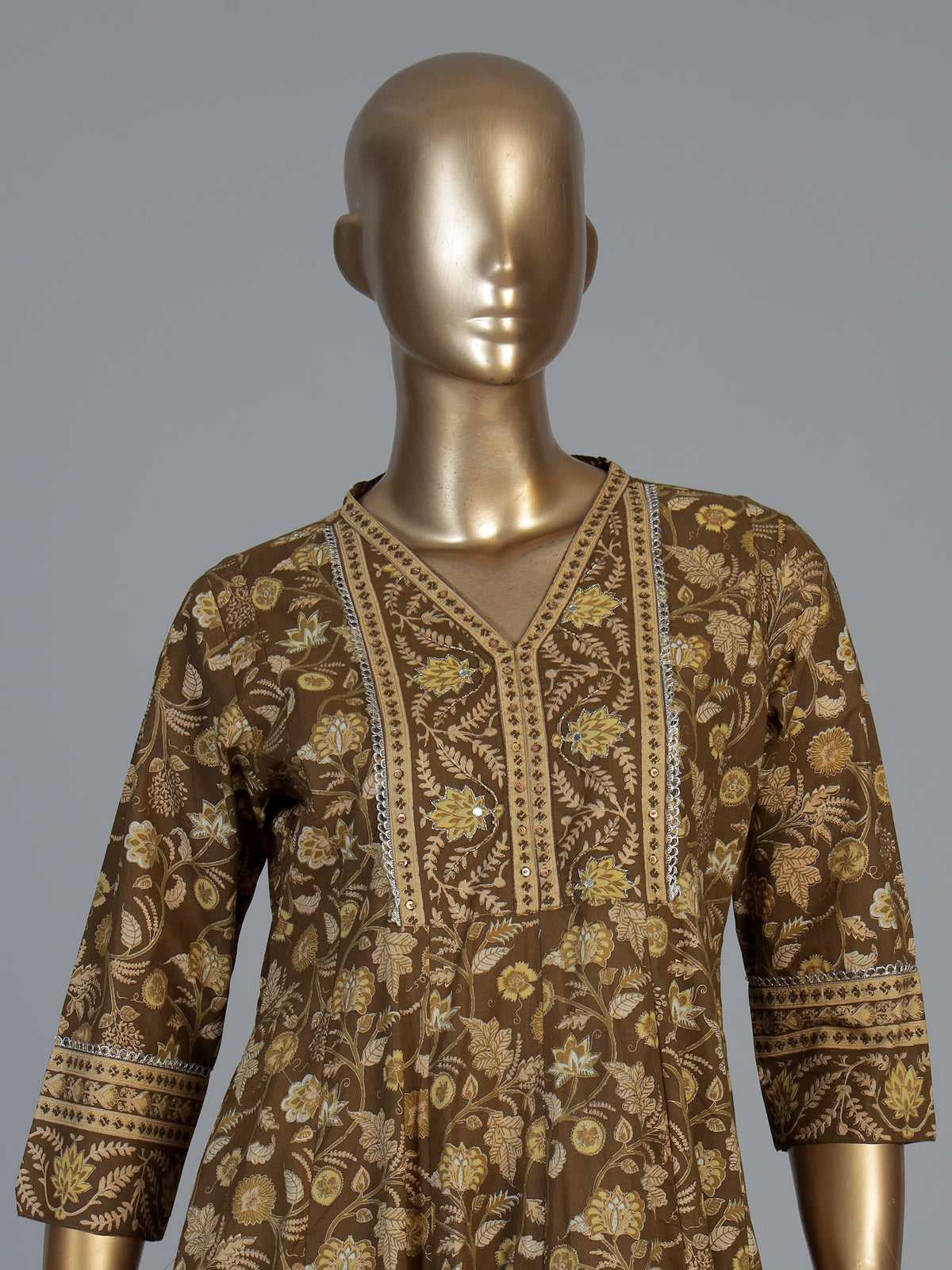 Dusty brown cotton silk anarkali kurti set with printed dupatta