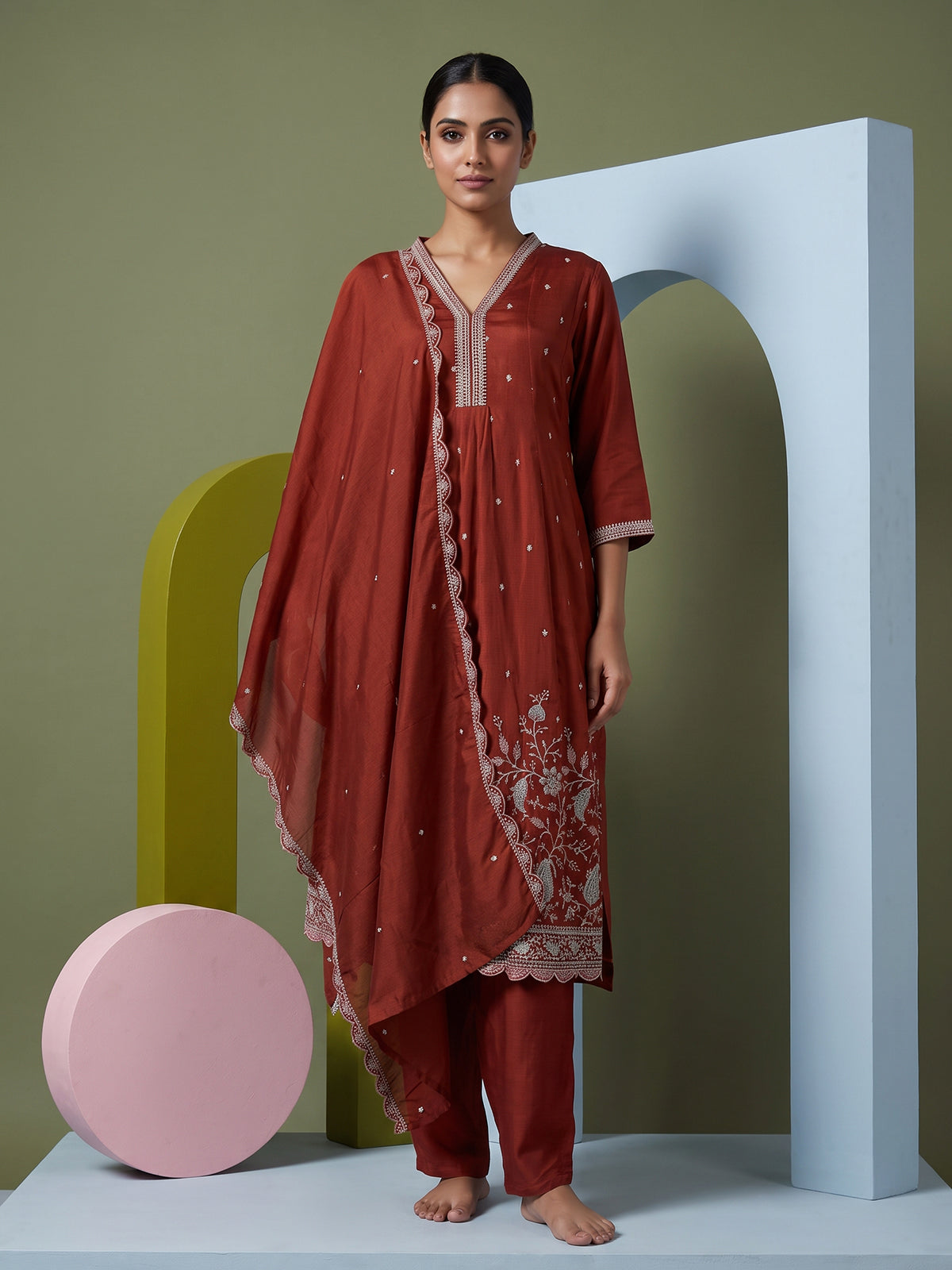 Pastel maroon silk anarkali kurti set with elegant dupatta pants