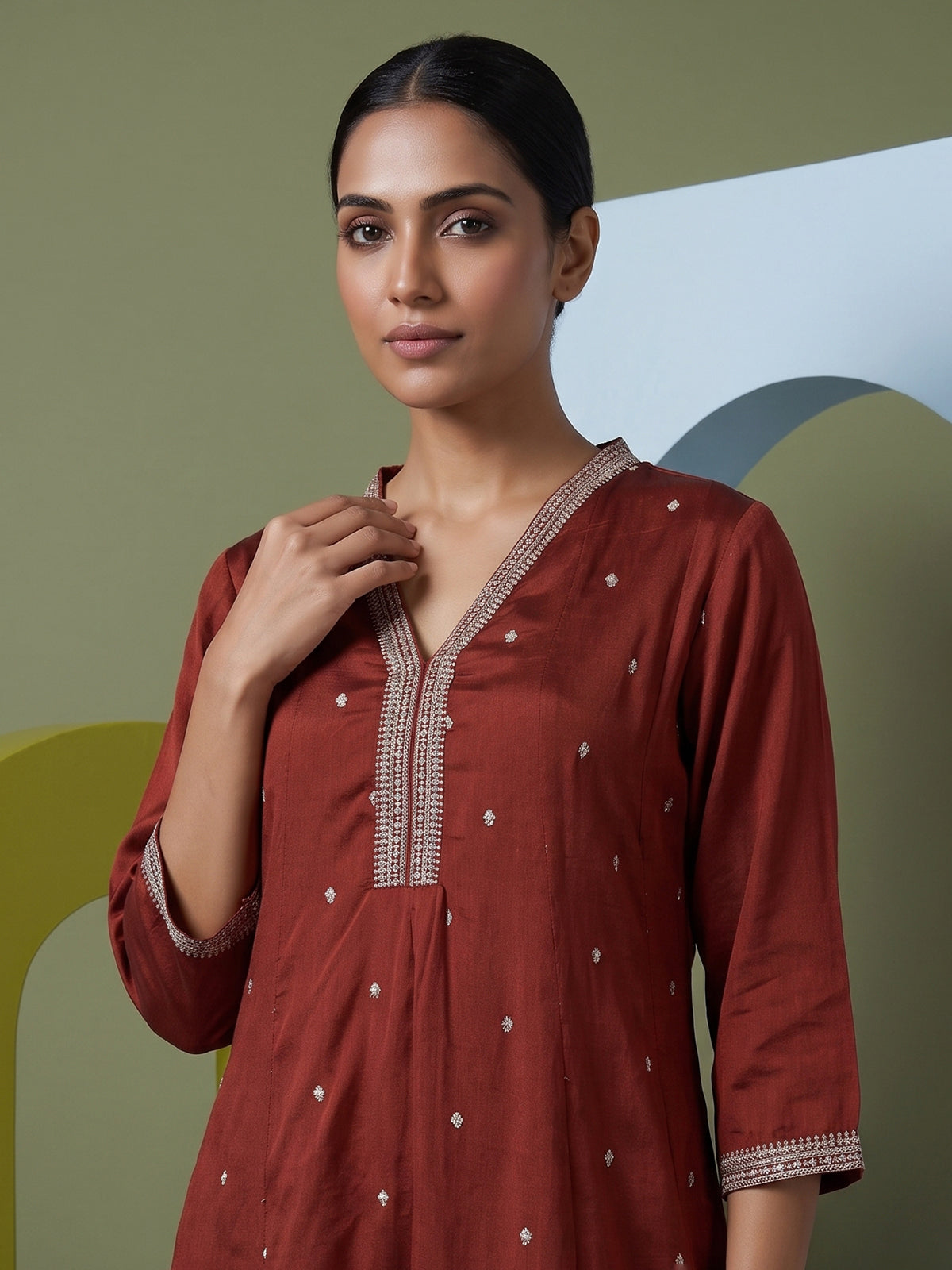 Pastel maroon silk anarkali kurti set with elegant dupatta pants