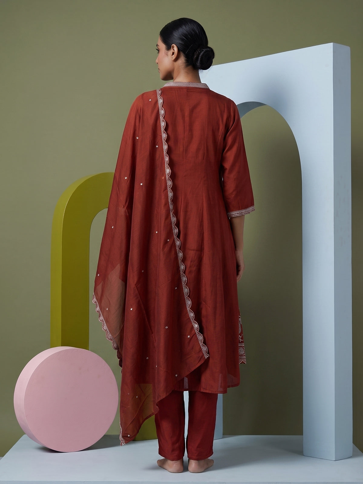Pastel maroon silk anarkali kurti set with elegant dupatta pants