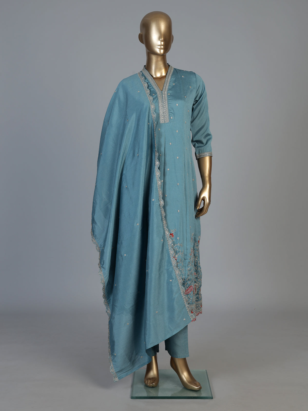 Pastel blue silk anarkali kurti set with elegant dupatta pants