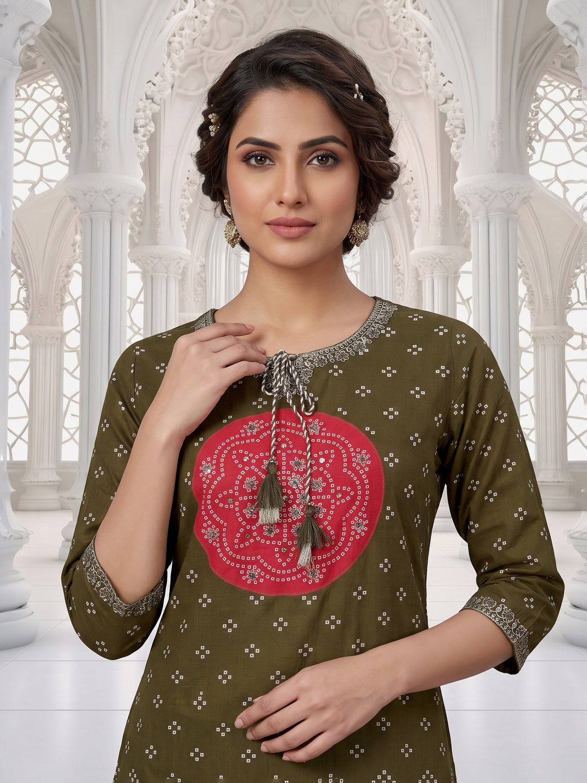 Mehendi green silk kurti set with printed dupatta and pants