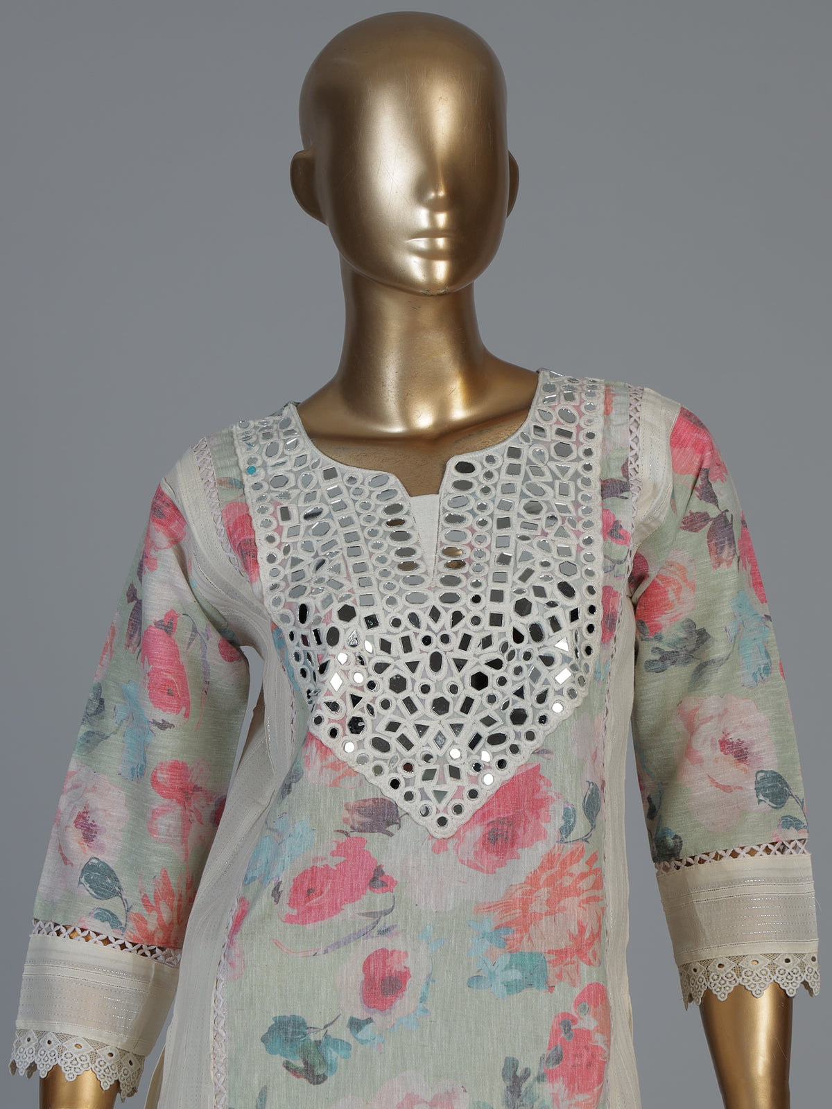 Off white linen floral printed kurti set with dupatta pants
